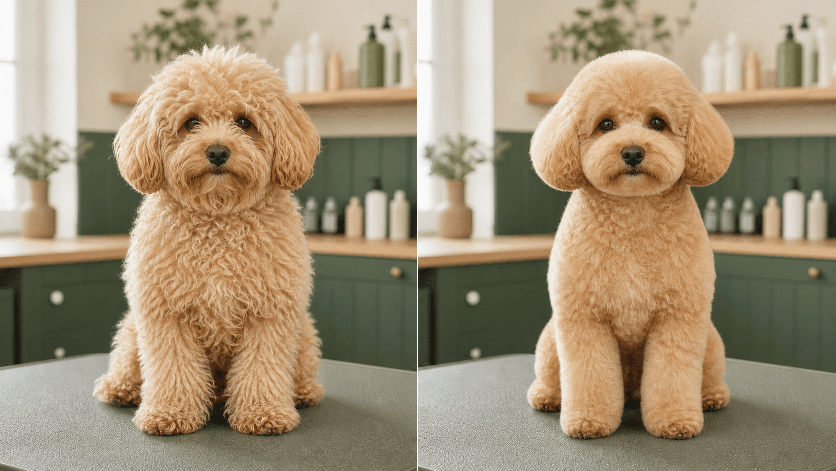 Apricot dog shown before grooming and in a rounded haircut preview