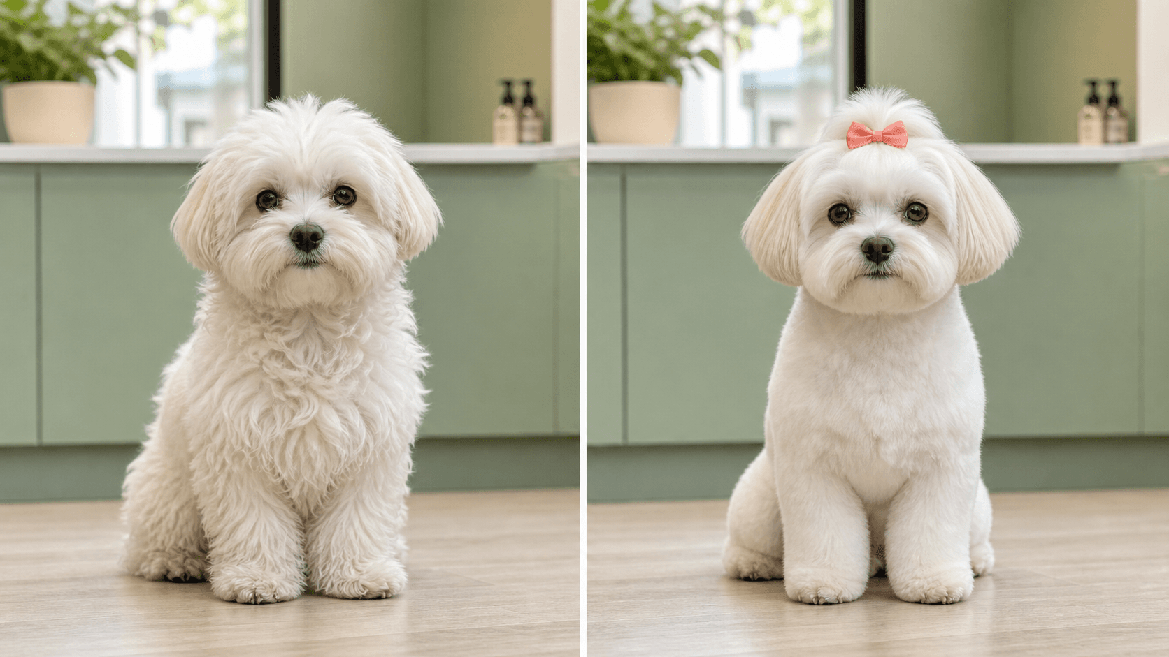 White Maltipoo before grooming and with a puppy cut plus top knot preview