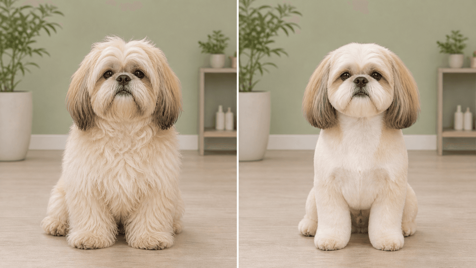 Shih Tzu before grooming and with an illustrative puppy cut preview