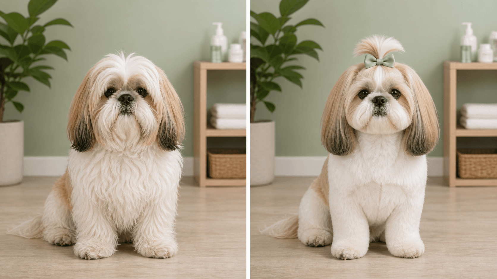 Shih Tzu before grooming and with a top knot plus practical body preview