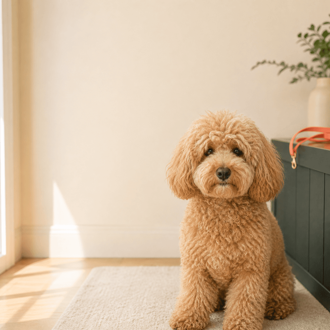 Fluffy apricot dog in a natural outdoor setting before a grooming discussion