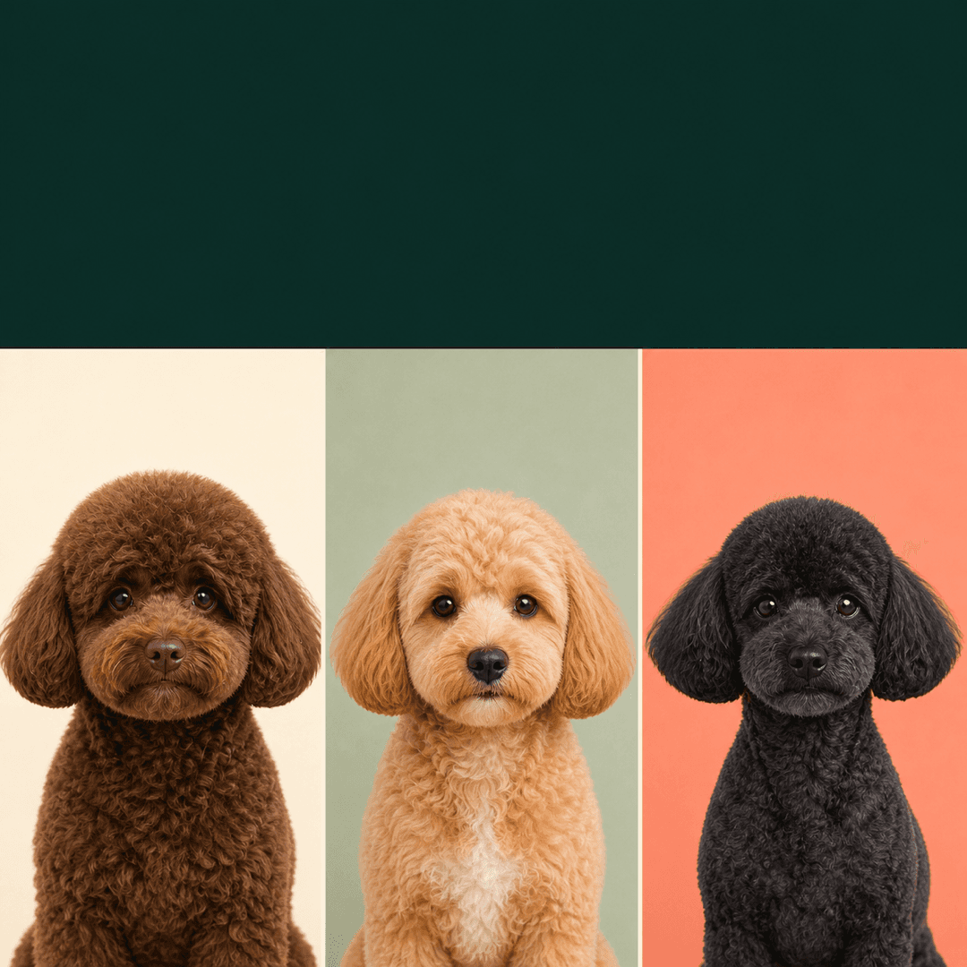 Three curly-coated doodle-type dogs with different grooming silhouettes