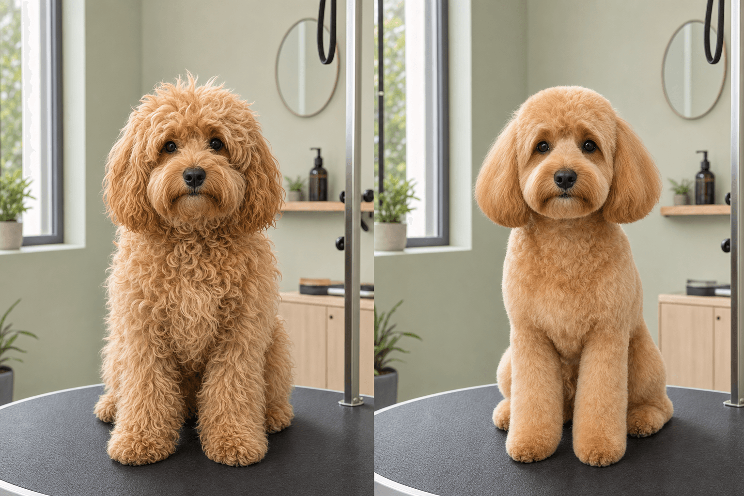 The same apricot dog before and after a rounded teddy bear groom